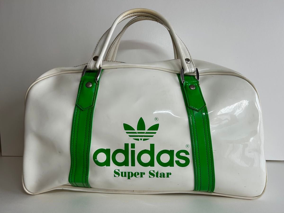 80年代 adidas アディダス エナメル ボストンバッグ 白/緑 80年代 adidas アディダス エナメル ボストンバッグ 白/緑
