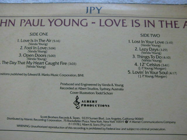 国内盤・レアプロモ！John Paul Young / Love Is In The Air / Producer Vanda & Young / Scotti Bros. Records SB 7101 / 1978_画像4