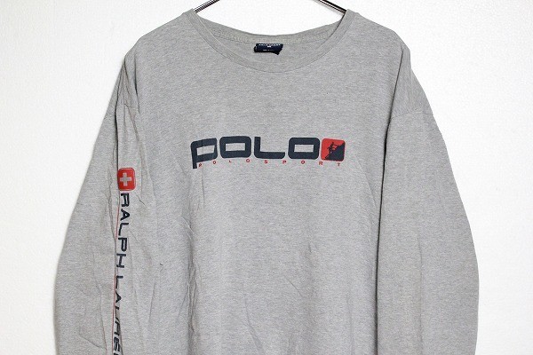 00's ラルフローレン POLOSPORT ポロスポーツ 袖プリント ロゴプリント Tシャツ 霜降り灰 (XL) ロンT_画像1