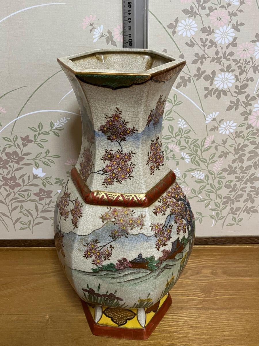 薩摩焼十字 金襴 山水人物図 花瓶 39cm 大壺 花瓶 花器 花入 古 薩摩焼十字 金襴 山水人物図 花瓶 39cm 大壺 花瓶 花器 花入 古