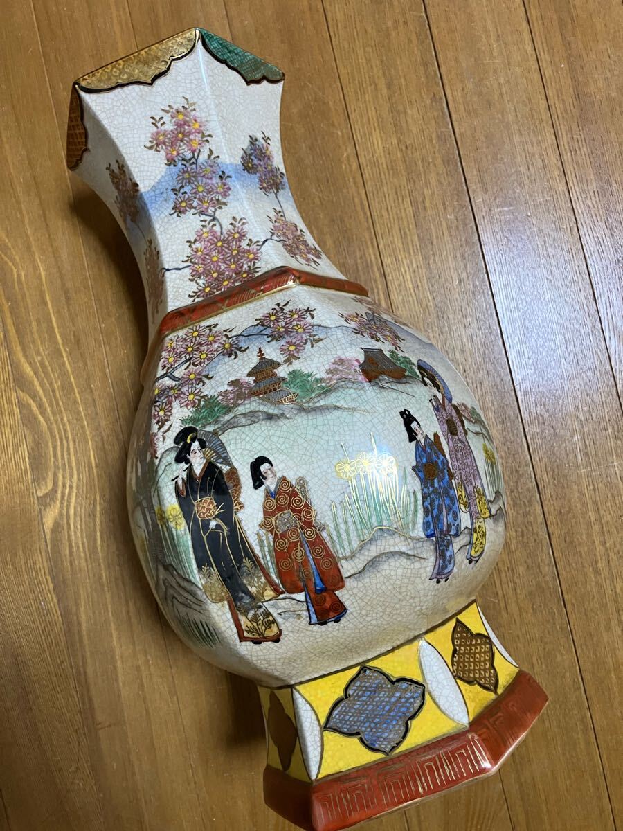 薩摩焼十字 金襴 山水人物図 花瓶 39cm 大壺 花瓶 花器 花入 古 薩摩焼十字 金襴 山水人物図 花瓶 39cm 大壺 花瓶 花器 花入 古
