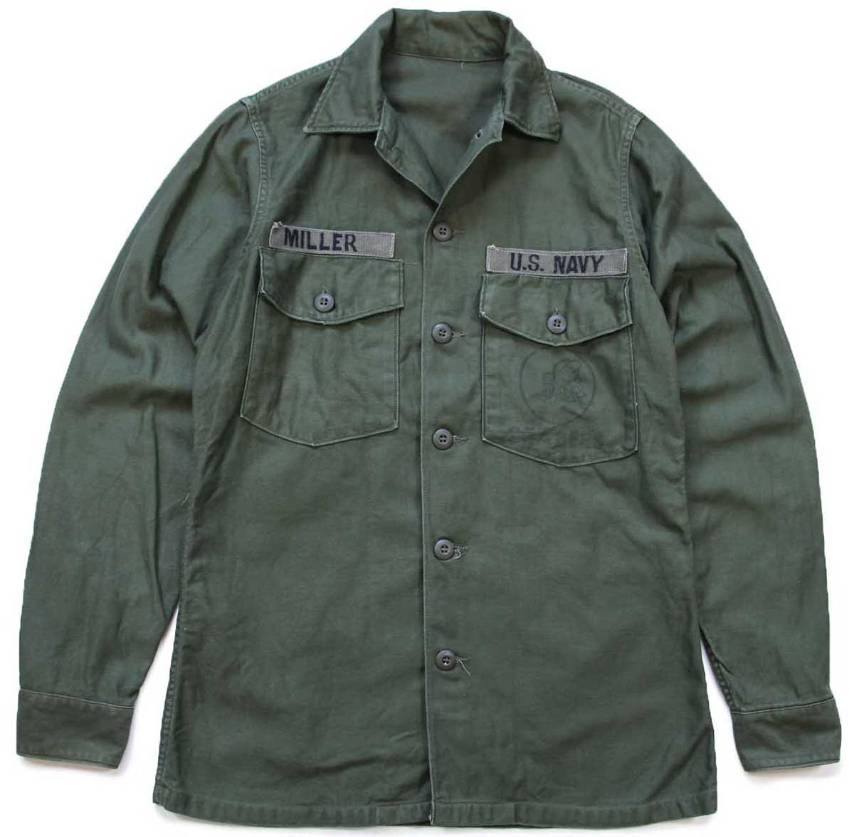 ★60s 米軍 U.S.NAVY SEABEES パッチ付き コットンサテン ユーティリティシャツ オリーブグリーン★ビンテージ ミリタリー USN ワッペン