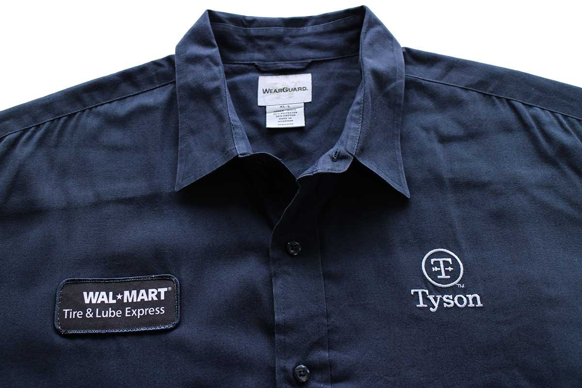 ★WALMARTウォルマート Tire&Lube Express パッチ&刺繍入り 半袖 ワークシャツ 紺 XL-L★ワッペン ロゴ オーバーサイズ ビッグサイズ