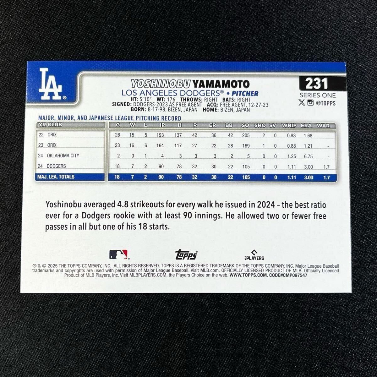 最新 2025 Topps Series 1 山本由伸 No.231 レインボーフォイル