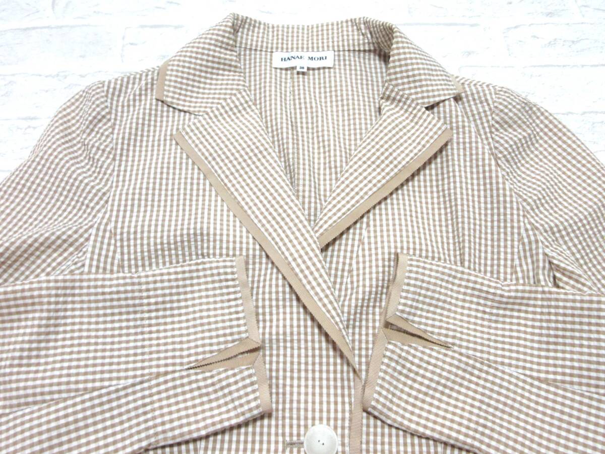 美品 送料込み HANAE MORI ハナエモリ ベージュ ギンガム チェック 柄 シアサッカー ジャケット ( 日本製 森英恵 羽織物 涼しい きちんと )_画像7