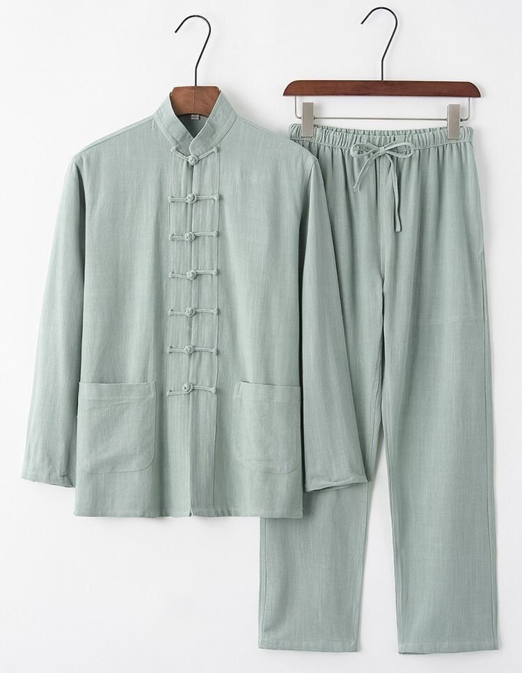 セットアップ 上下セット 長袖 綿麻 カジュアル ルームウェア チャイナ風(fēng) 衣裝 春 秋 男性用 中華風(fēng) 父の日 グリーン 4XL