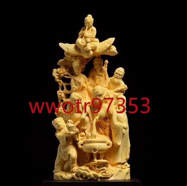 木彫仏像 置物 八仙過海 柘植木彫り 樹木の上八仙過海 天然ツゲ 彫工芸品 財運 金運祈願 高さ19cm 木彫置物 ギフト用 飾り物