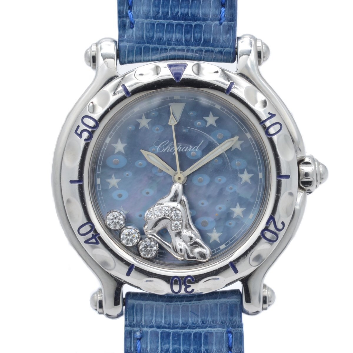 CHOPARD ショパール ハッピースポーツ ハッピー 27/8438 クォーツ 　SS×革 ブルー文字盤(pán) レディース腕時(shí)計(jì) 【中古】