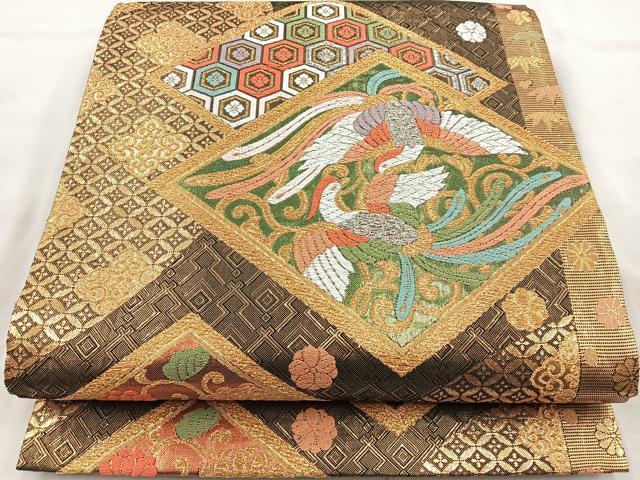 平和屋着物◎六通柄袋帯 地紙花車文 純金プラチナ箔 正絹 逸品
