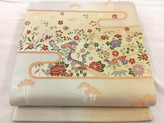 平和屋着物◎佐賀錦 六通柄袋帯 唐織 尾長鳥絵霞花文 金糸 正絹
