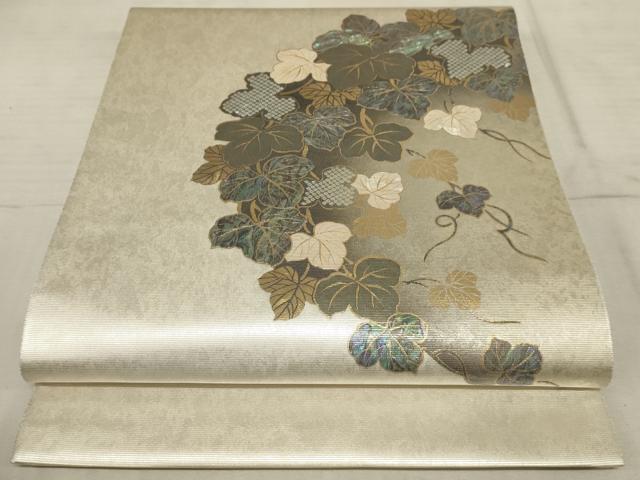 袋帯 美品 名品 落款あり 草花 金銀彩 螺鈿 紫 お太鼓柄 正絹