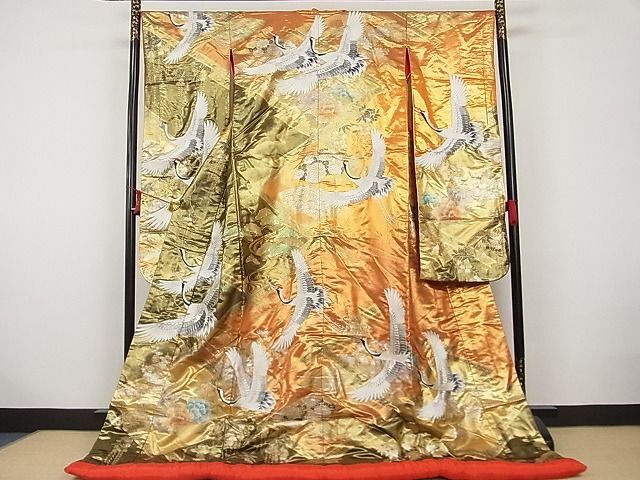 平和屋着物□極上 色打掛 刺繍 飛鶴吉祥花文 金彩 銀糸 正絹 平和屋着物□極上 色打掛 刺繍 飛鶴吉祥花文 金彩 銀糸 正絹