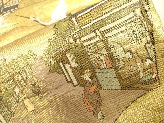 平和屋着物○佐賀錦 全通全景柄袋帯 人物風景飛鶴花文 金銀糸