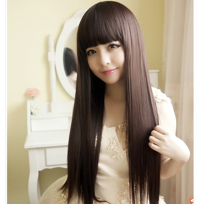 新品人気品ウィッグ 前髪ぱっつん ストレート ロング 茶色 ライトブラウン 茶髪 コスプレ 女装 耐熱 かつら つけ毛 ゆめかわ つむじ 自然