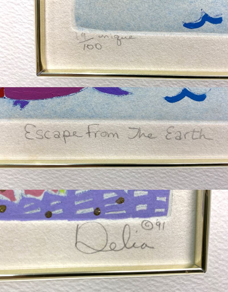 TM/【真作】デリアレース Delia Reiss「ESCAPE FROM THE EARTH」銅版画 手彩 直筆サイン アクリル額装 0319-1_画像7
