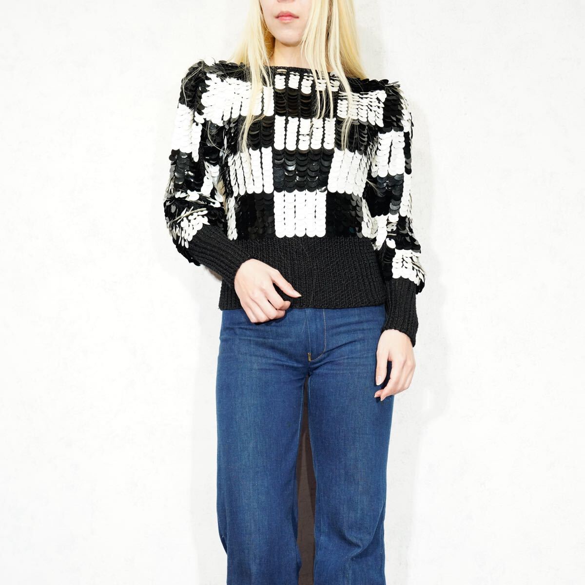 USA VINTAGE nannell SCALE DESIGN HAND KNIT/アメリカ古着うろこデザインハンドニット