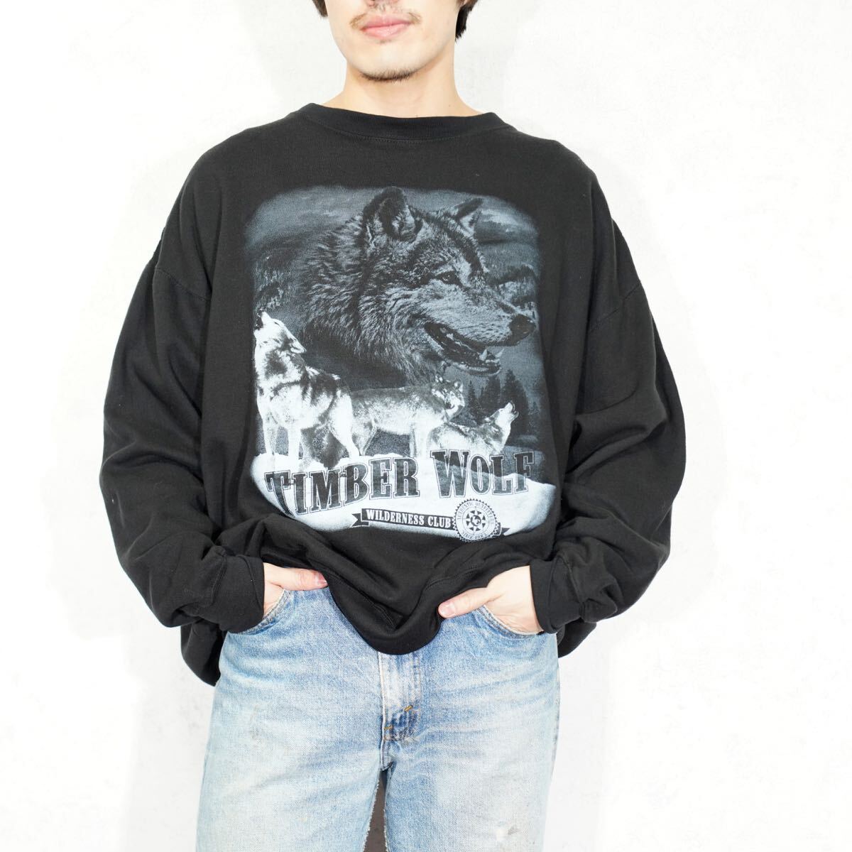 USA VINTAGE AMERICAN OUTDOORS WOLF PRINT DESIGN SWEAT SHIRT/アメリカ古着オオカミプリントデザインスウェット