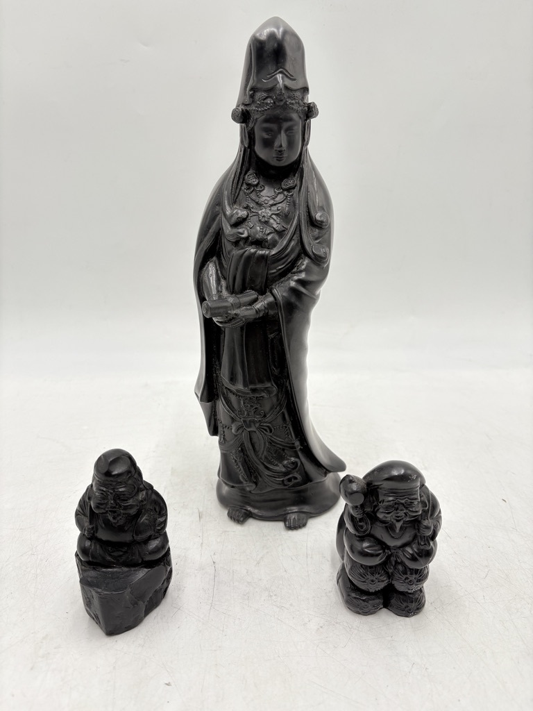 y3428 希少品有り！ レトロ 置物 3點(diǎn)セット 銅制 観世音菩薩 立像 那智黒 恵比壽 大黒天 七福神 縁起物 開運(yùn)