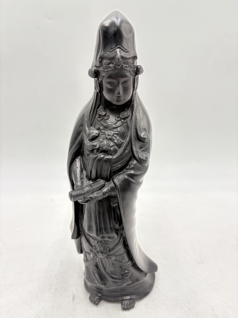 y3428 希少品有り！ レトロ 置物 3點(diǎn)セット 銅制 観世音菩薩 立像 那智黒 恵比壽 大黒天 七福神 縁起物 開運(yùn)