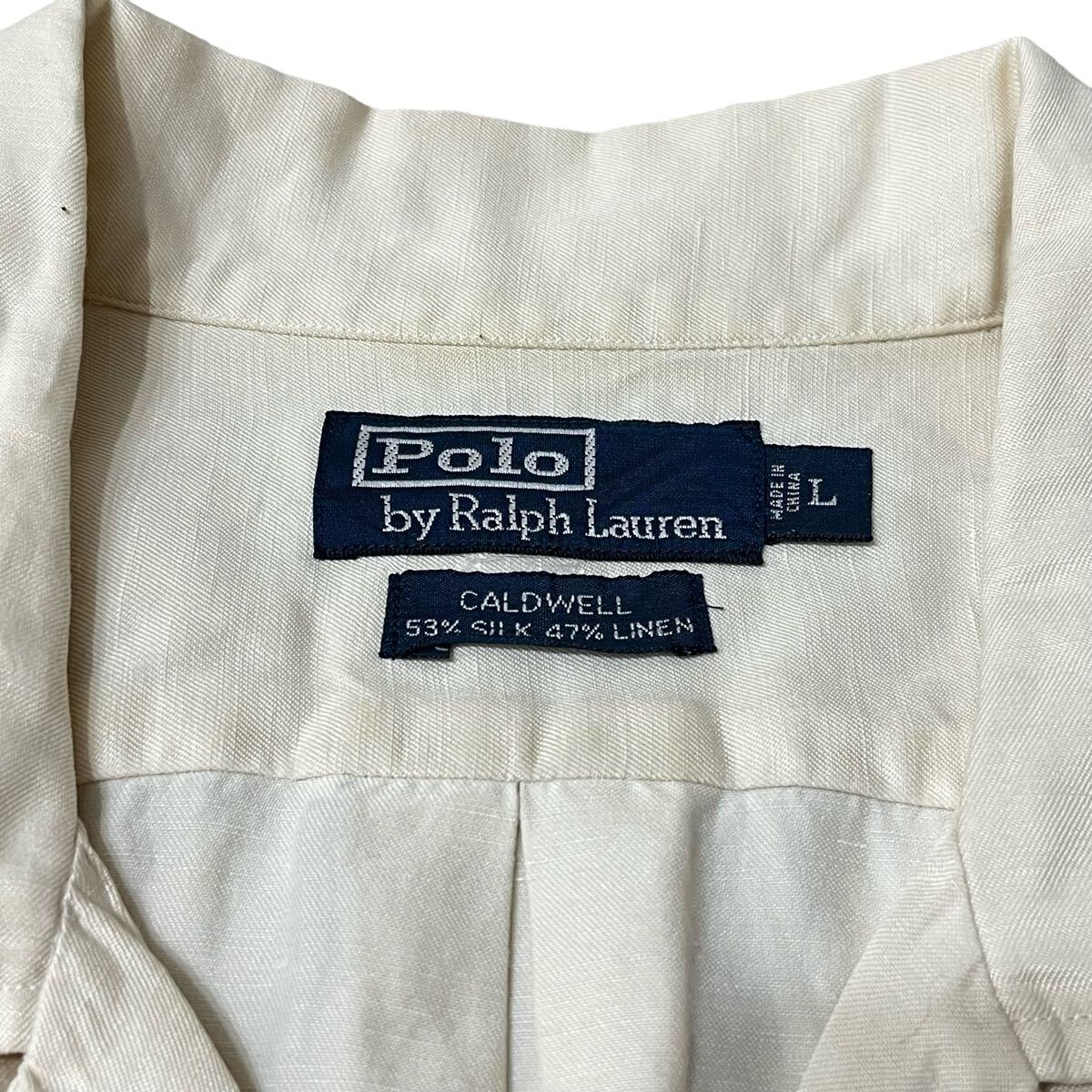 【90s】ポロバイラルフローレン CALDWELL シルク×リネン オープンカラーシャツ ホワイト L 半袖 開襟 rrl ポニー刺繍 ビンテージシャツ