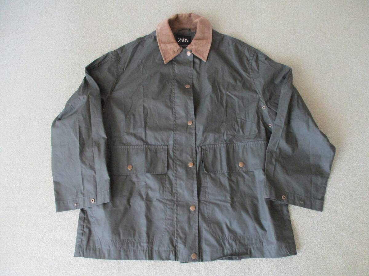 美品 ZARA ノンオイル オーバーサイズ ビンテージ加工 ハンティングジャケット ワークジャケット コート サイズ感 40 L カーキ セージ