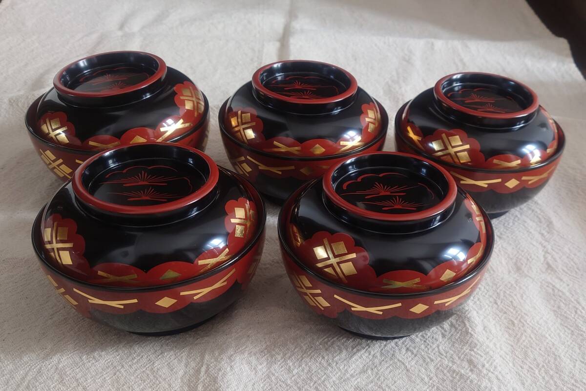 蓋付椀 5客セット 秀衡塗(ひでひらぬり) 利久型 丸三漆器 フタ付 蓋付椀 5客セット 秀衡塗(ひでひらぬり) 利久型 丸三漆器 フタ付