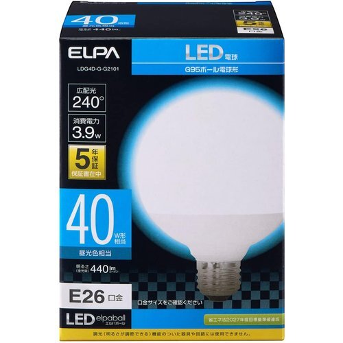 新品 エルパ LDG4D-G-G2101 電球 / 5年 白色 / G95 ボール球形 LED電球 ELPA 30