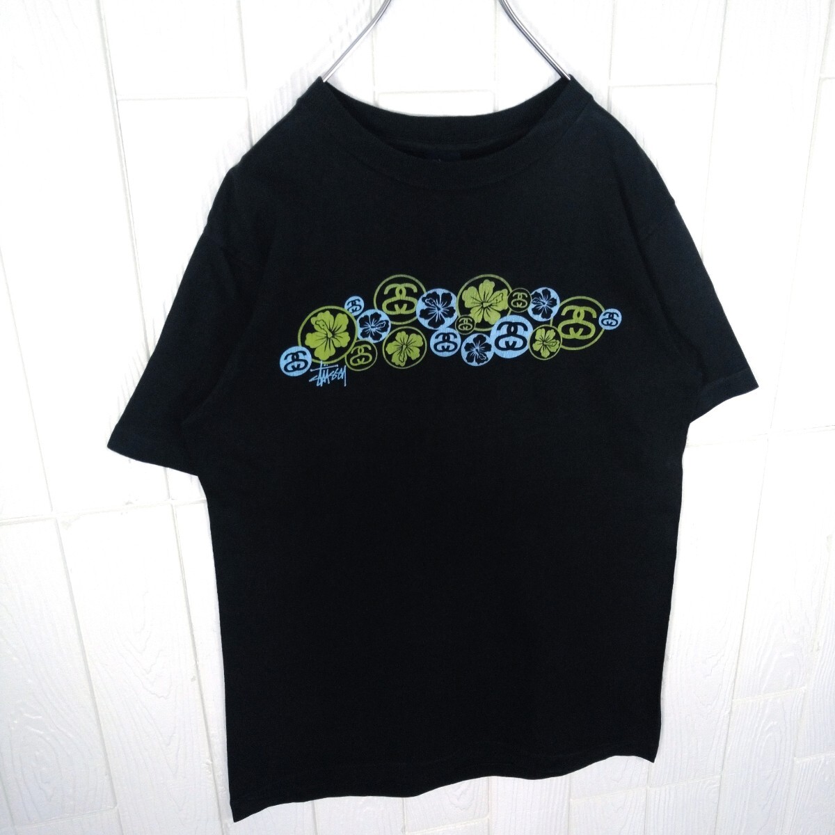 [STUSSY]90s' USA производства темно-синий бирка гибискус Logo футболка 