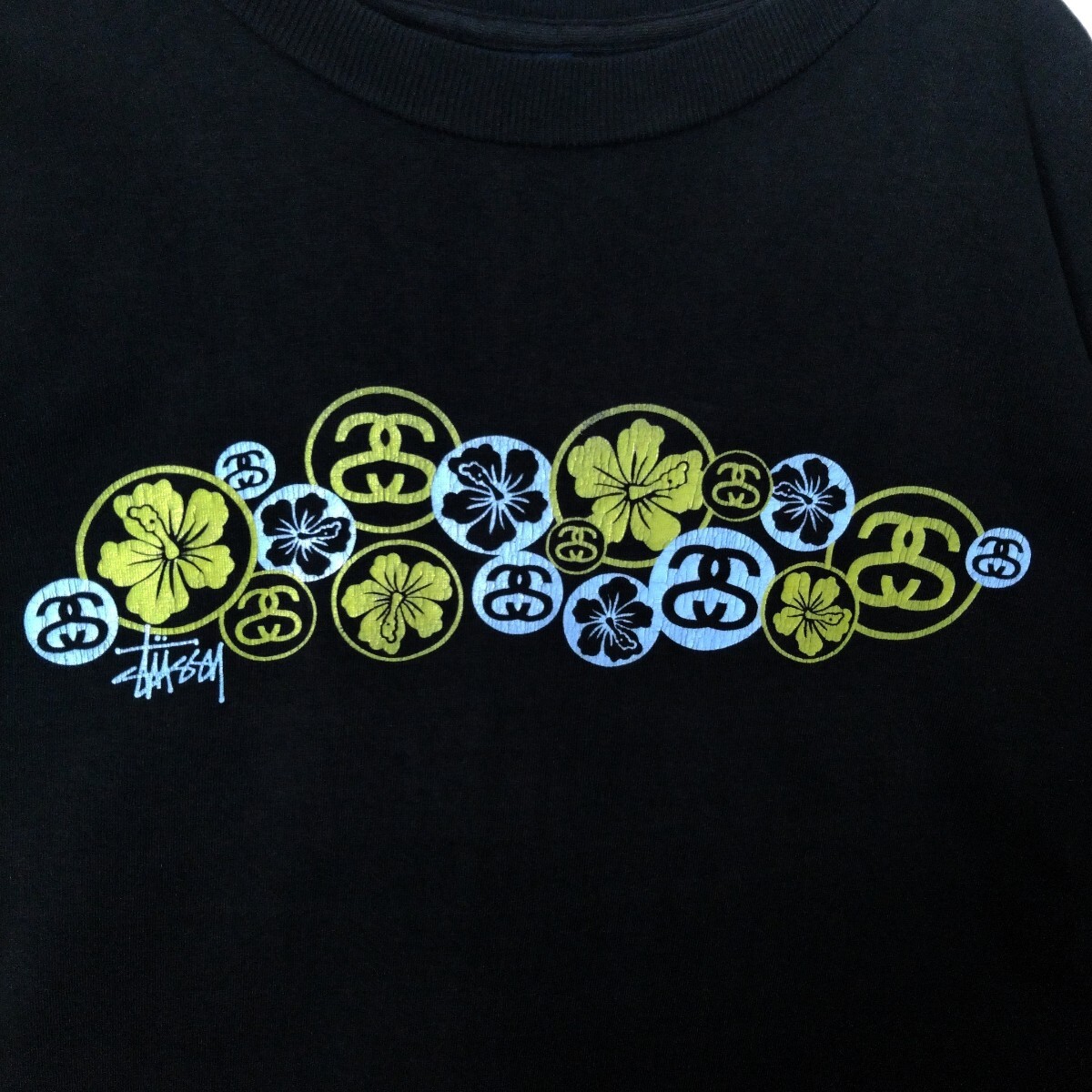 [STUSSY]90s' USA производства темно-синий бирка гибискус Logo футболка 