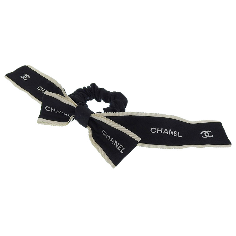 シャネル CHANEL ヘアアクセサリー ヘアゴム シュシュ リボン シルク ブラック ホワイト 中古 新入荷 CH0993