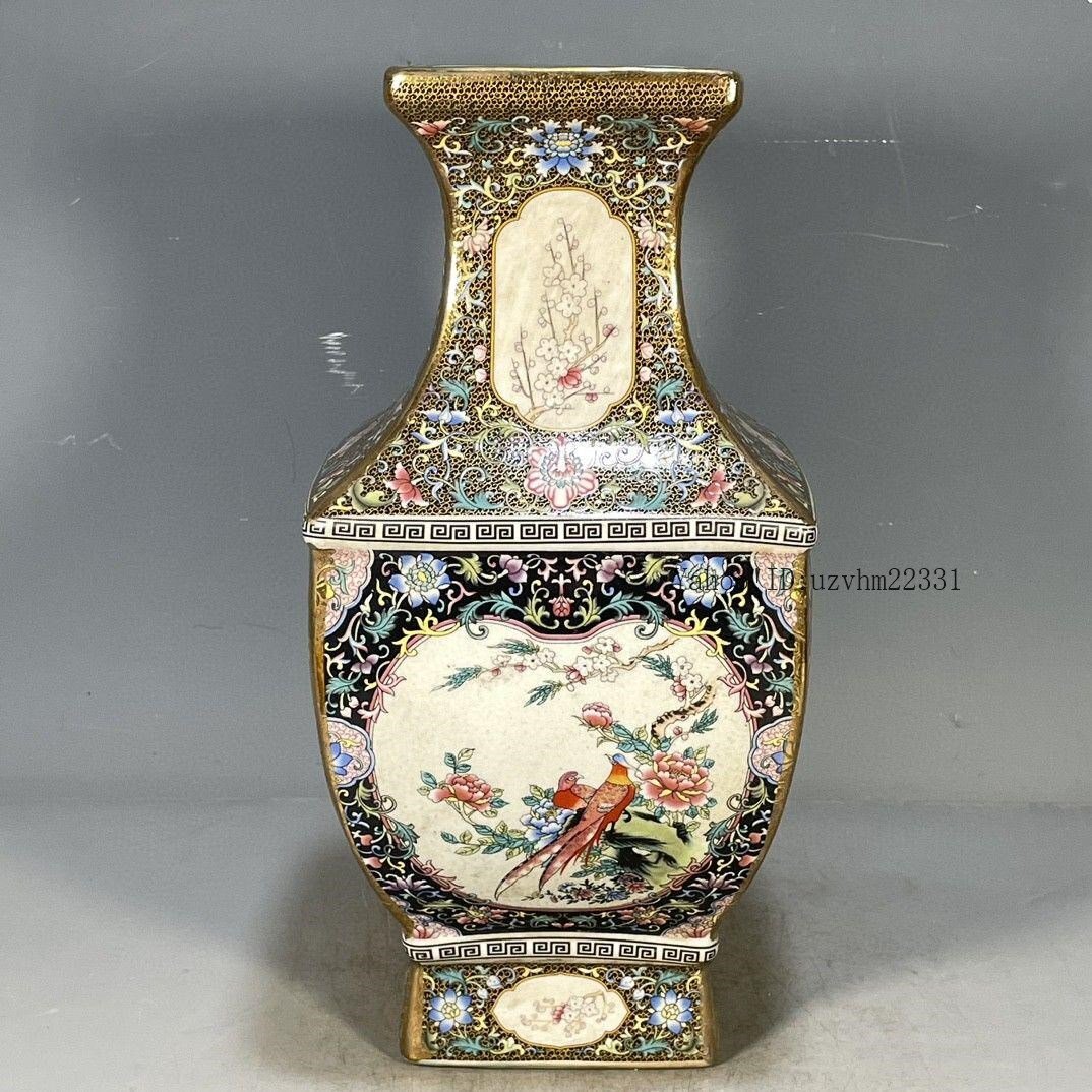 清乾隆琺瑯彩花鳥図紋四方賞瓶 景徳鎮 陶磁器 装飾品