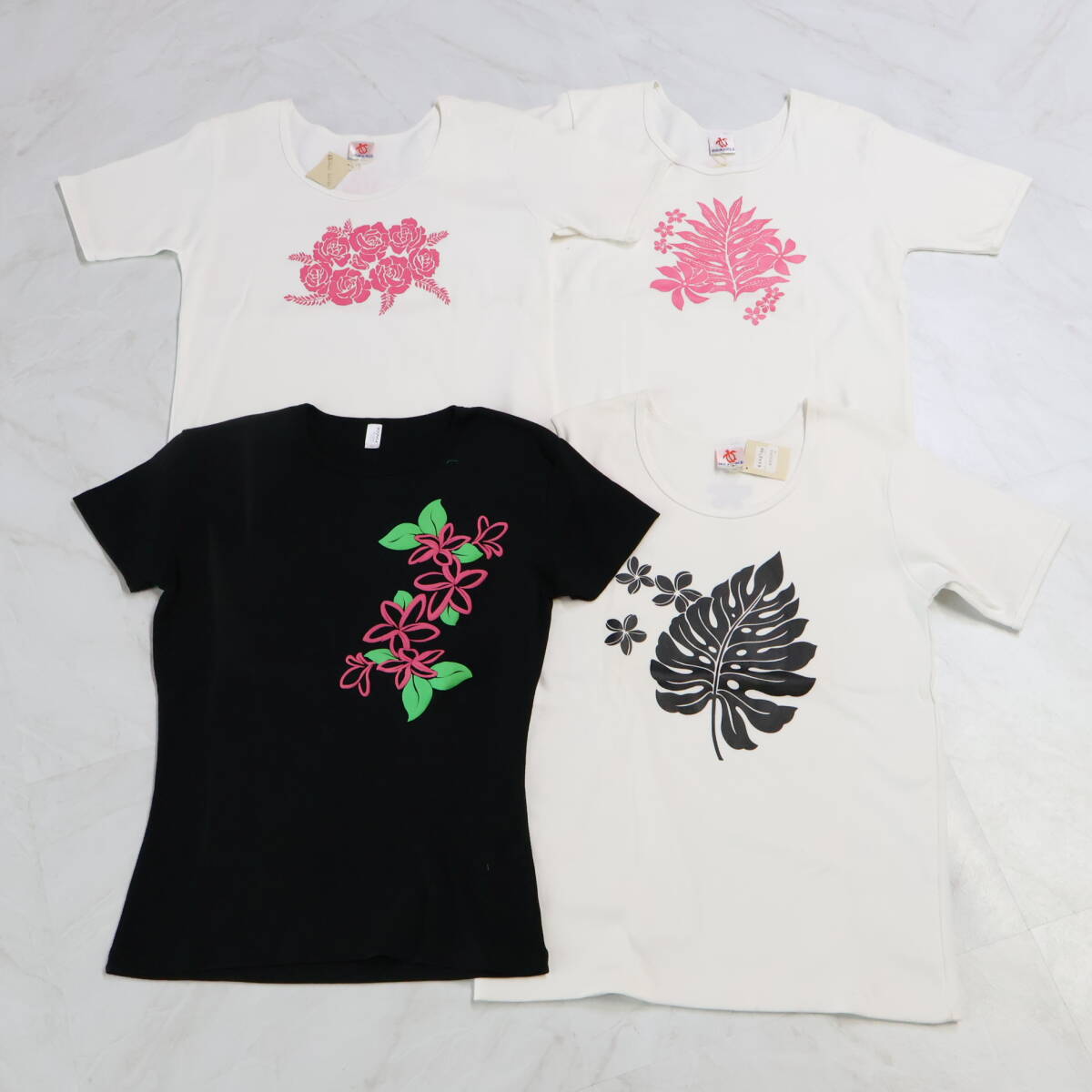 『送料無料』【フラダンス衣装 4点セット】トップス Tシャツ まとめ売り HULA GIRLS rucca ホワイト ブラック 花柄 白 黒 ピンク かわいい