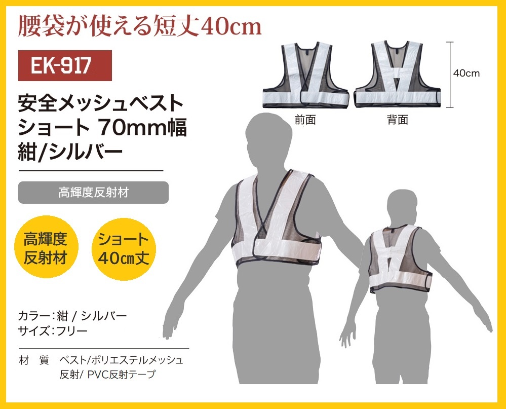 917／展示品 格安未使用品 安全ベスト メッシュ ショート丈 フリーサイズ 70ｍｍ幅 7cm ネイビー 強(qiáng)力高輝度反射テープ セーフティーベスト