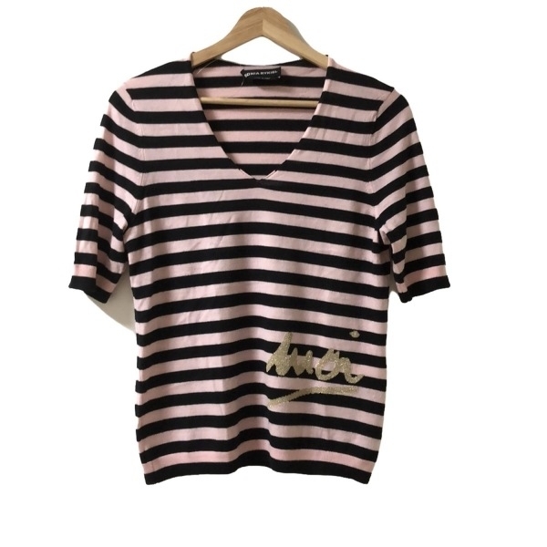 ソニアリキエル SONIARYKIEL 半袖セーター/ニット サイズ40 M - 黒×ピンク レディース Vネック/ボーダー トップス