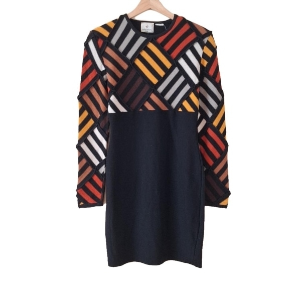 ソニアリキエル SONIARYKIEL サイズM - 黒×マルチ レディース クルーネック/長袖/ひざ丈/INSCRIPTION RYKIEL ワンピース