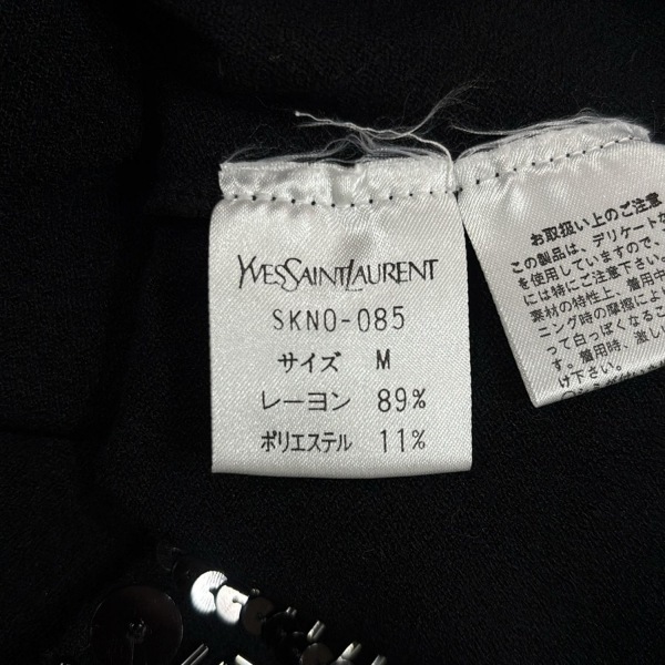 イヴサンローラン YvesSaintLaurent 半袖セーター/ニット サイズM - 黒 レディース クルーネック/スパンコール/ビーズ/フリンジ/ショート丈