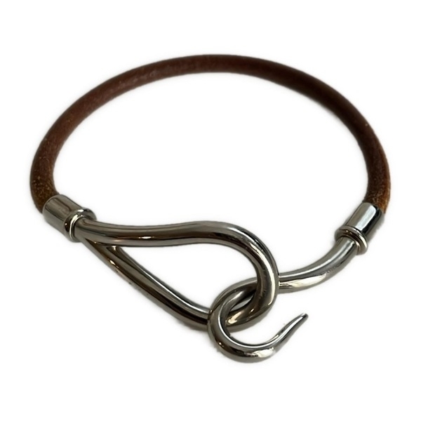 HERMES ジャンボブレスレット フック型 金具シルバー レザー ブラウン エルメス ジャンボ ブレスレット レザー シルバー金具 フック