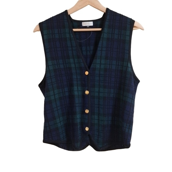 バーバリーズ Burberry's ベスト サイズM - 黒×ネイビー×ダークグリーン レディース ニット/チェック柄 トップス