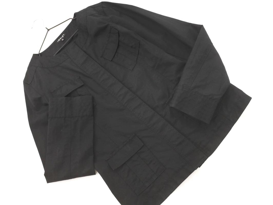 INDIVI インディヴィ 綿麻 ノーカラー ジャケット size38/黒 ■◇ ☆ fcb1 レディース