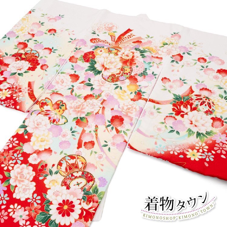 ☆著物タウン☆お宮參り 著物 女の子 産著 ポリエステル 一つ身 のしめ 掛け著 初著 鼓 毬 花柄 白 ホワイト 新品 未使用 hitotsumi-00055
