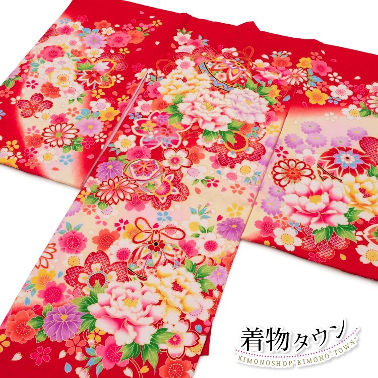 ☆著物タウン☆お宮參り 著物 女の子 産著 一つ身 のしめ 掛け著 初著 毬 桜 花柄 赤 レッド 正絹 新品 未使用 hitotsumi-00001