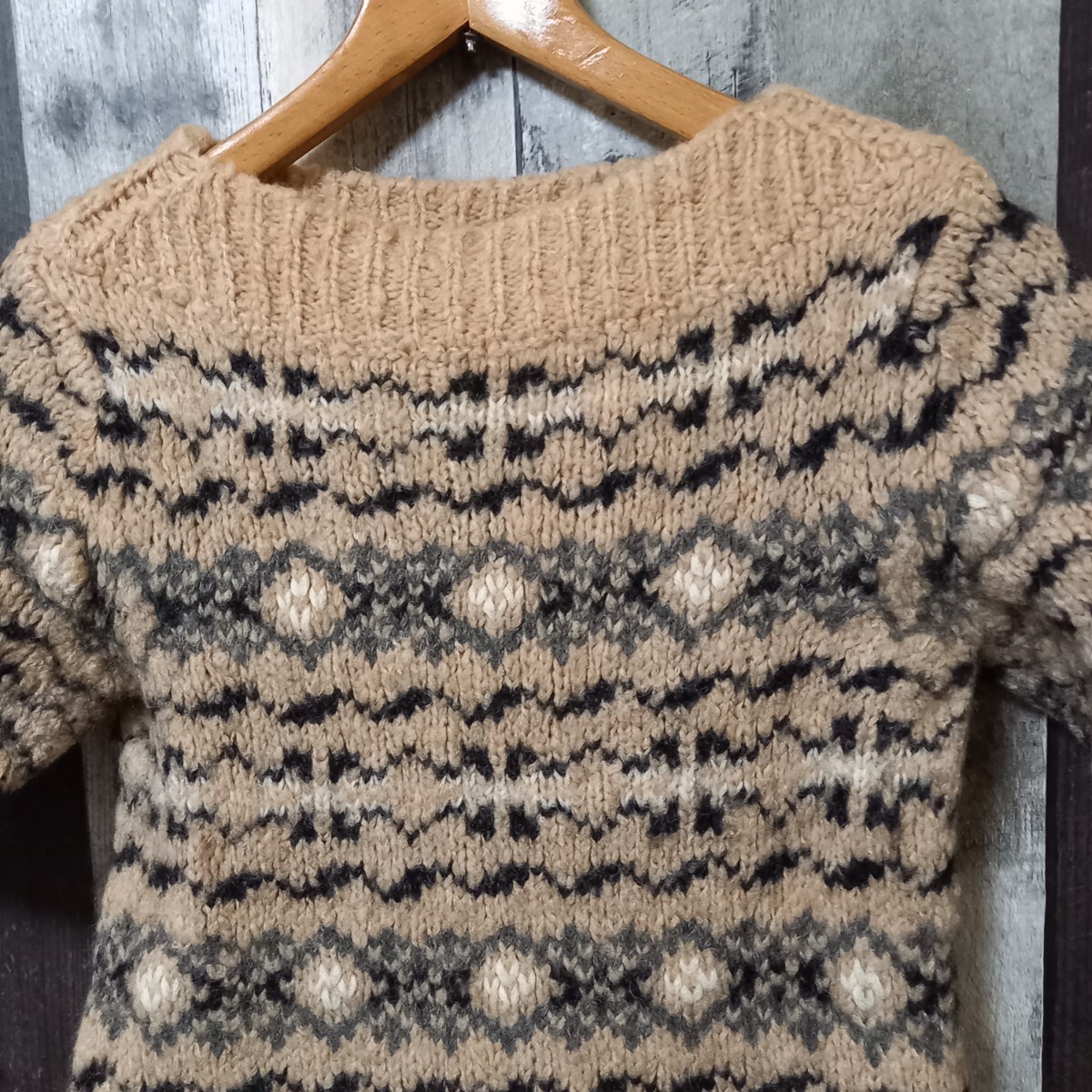 Paul Stuart paul (pole) Stuart короткий рукав вязаный свитер M общий рисунок Италия ya-n Camel . женский 