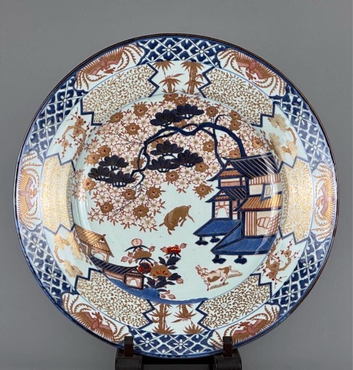 古伊万里 金襴手 千鳥唐獅子牡丹文 四寸皿 明治時代 E1281A