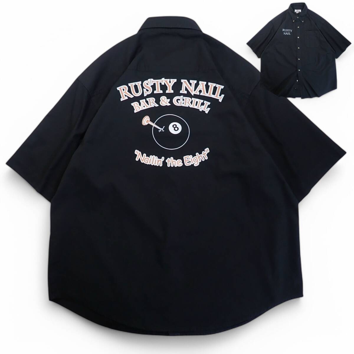6478/美品 Tri-Mountain 半袖ワークシャツ XL●ビリヤード8ボール RUSTY NAIL BAR&GRILL Nailin the Eight●洗濯プレス済 ネコポス可●古著