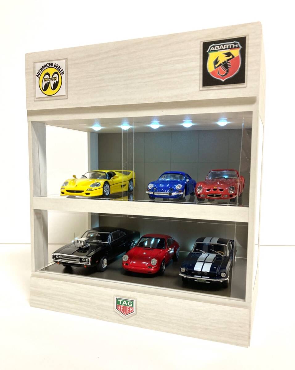 1/43・WHアッシュ＆BR梨地・2層式ディスプレーBOX/床と天井にLED照明10灯・スタイリッシュジオラマ・1/64にも