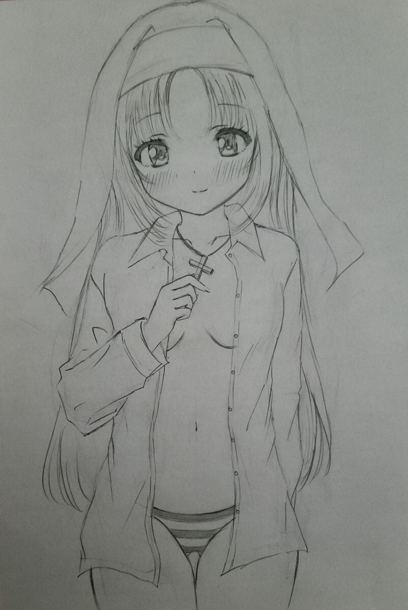 手描きイラスト オリジナル シスター 鉛筆画 モノクロ ラフの 手描きイラスト オリジナル シスター 鉛筆画 モノクロ ラフの