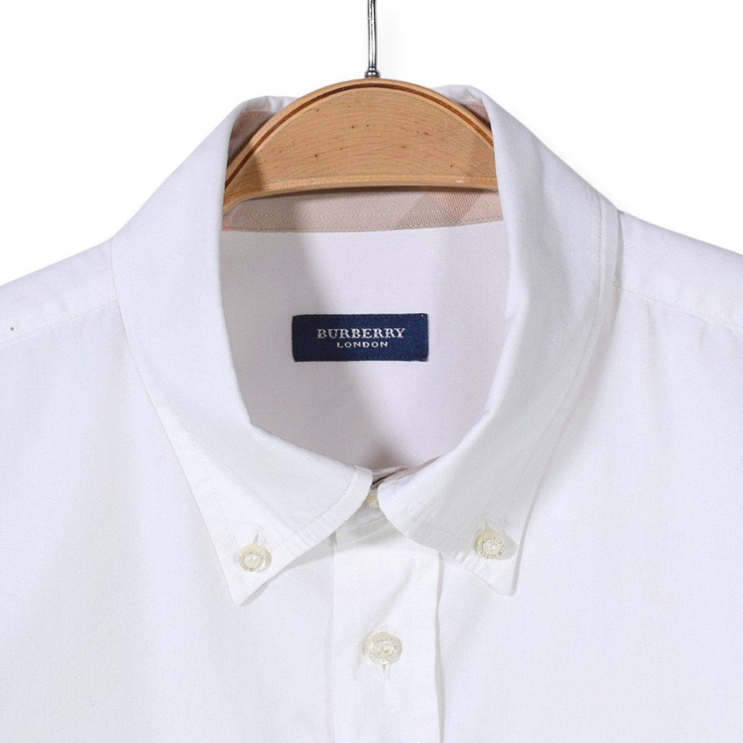 【送料無料】バーバリー ボタンダウンシャツ ワンポイントロゴ ノバチェック 長袖シャツ ホワイト BURBERRY LONDON メンズL 古着 @CA1447