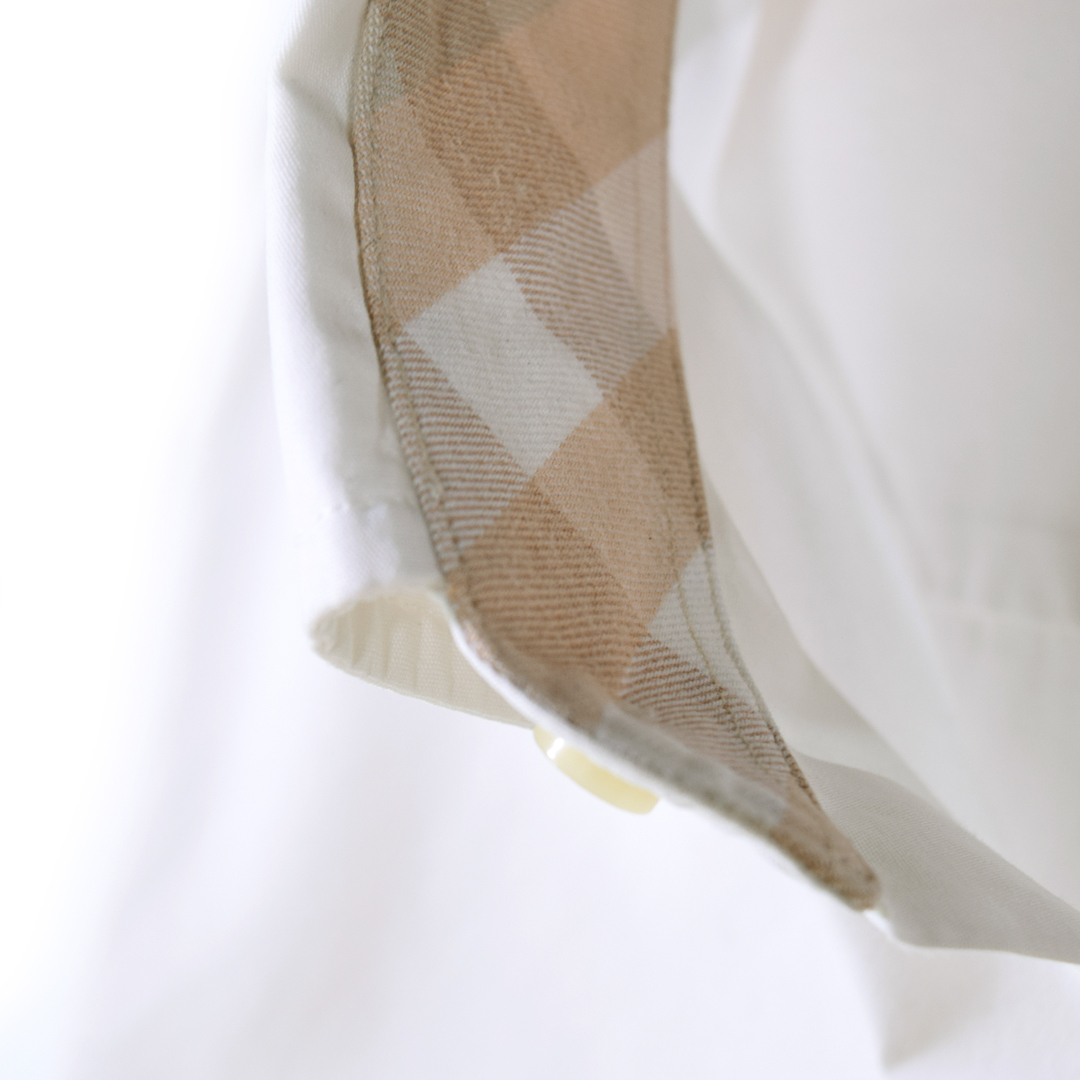 【送料無料】バーバリー ボタンダウンシャツ ワンポイントロゴ ノバチェック 長袖シャツ ホワイト BURBERRY LONDON メンズL 古着 @CA1447