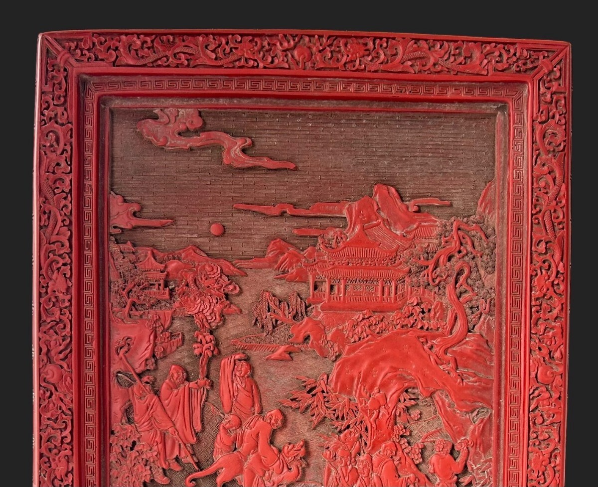 M9△中国美術 書道具△乾隆 堆朱 山水図 両面 大型 硯屏△高58cm M9△中国美術 書道具△乾隆 堆朱 山水図 両面 大型 硯屏△高58cm
