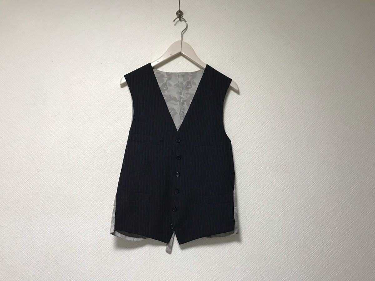 本物エイプAPEユナイテッドアローズMr.BATHINGAPEウールストライプ柄ベストジレメンズサーフストリート紺ネイビーシルバー柄46M日本製_画像1